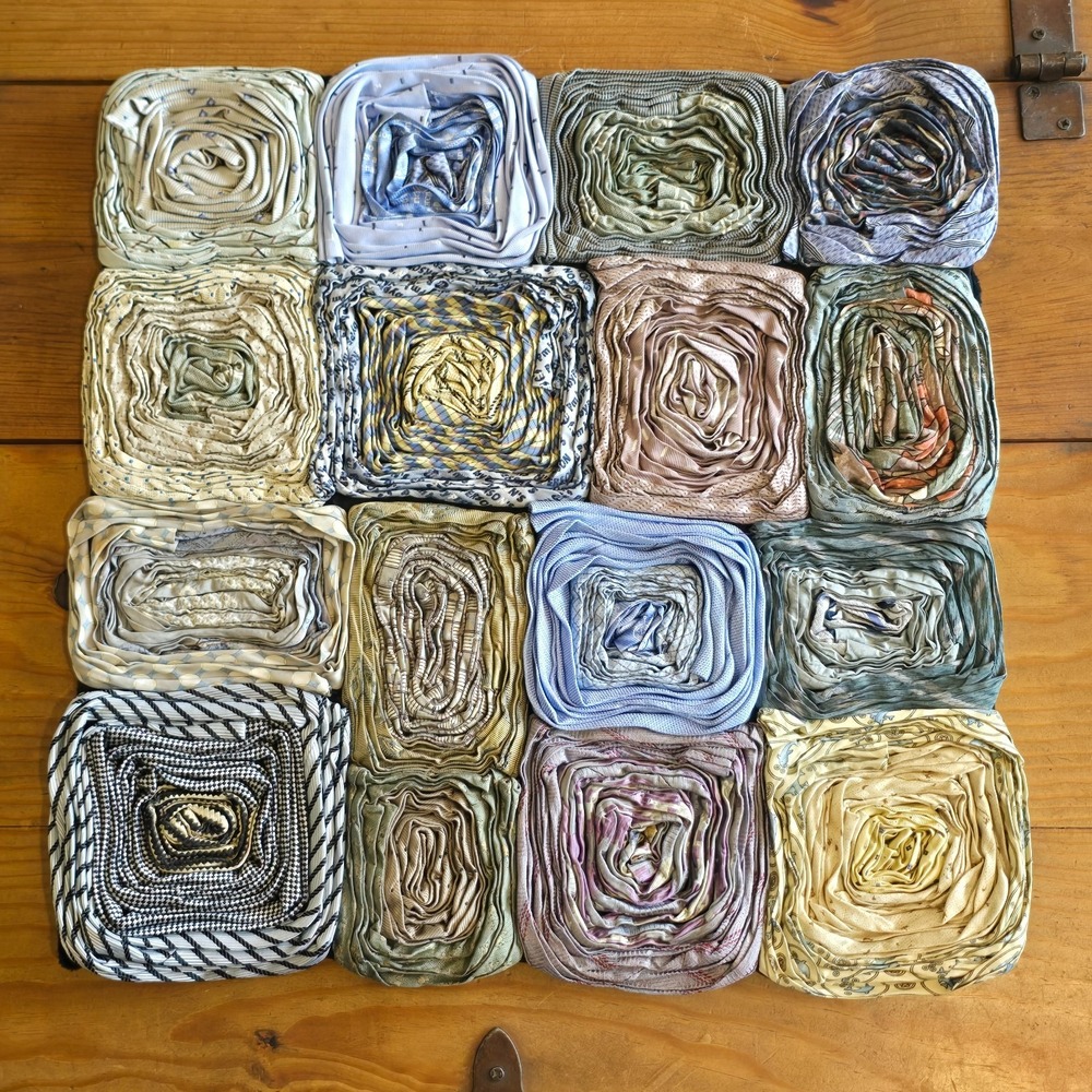Vintage Dreamweavers Handmade Silk Tie Pillow Cover with Hand-Rolled Roses